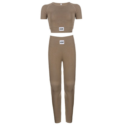 Solid Color Tight Letter Graphic Zhang Zi round Neck Long Sleeve Short Top High Waist Skinny Trousers Sports Yoga Two Piece Set