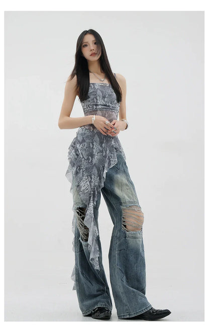 Black Asymmetric Ribbon Strap Tank Top With Ruffle Edge Design