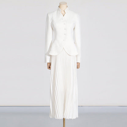 Fashionable Elegant High End Embroidered Stand Collar Single Breasted Top Pleated High Waist Skirt Sets