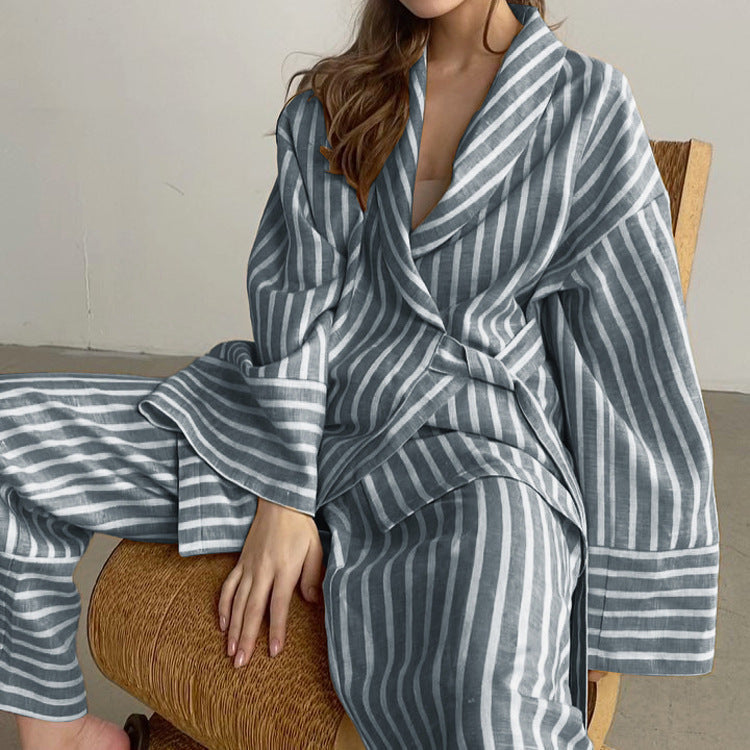 Women’ Clothing Autumn Striped Long Sleeve Loose Lace up Top High Waist Trousers Casual Set