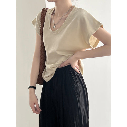 Three Dimensional Simple U Neck Short Sleeved T shirt for Women Summer Slimming Wide Sleeved Top