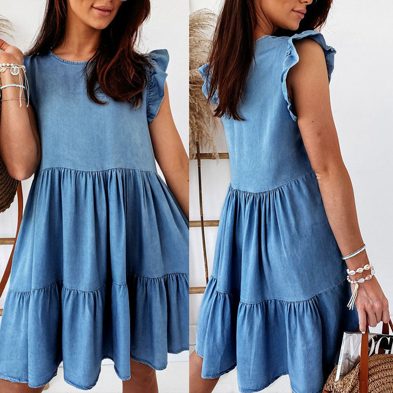 Spring Summer Loose Cake Mold Short-Sleeved Denim Dress Women round Neck