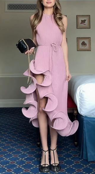 Solid Color Sleeveless Waist Tie Irregular Ruffle Slim Midi Dress