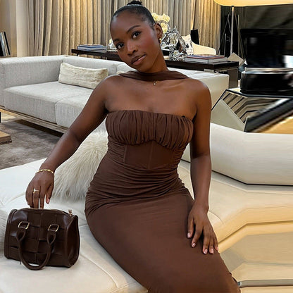Women Clothing Solid Color Dress Tube Top Halter Cold Shoulder Sleeveless Maxi Dress