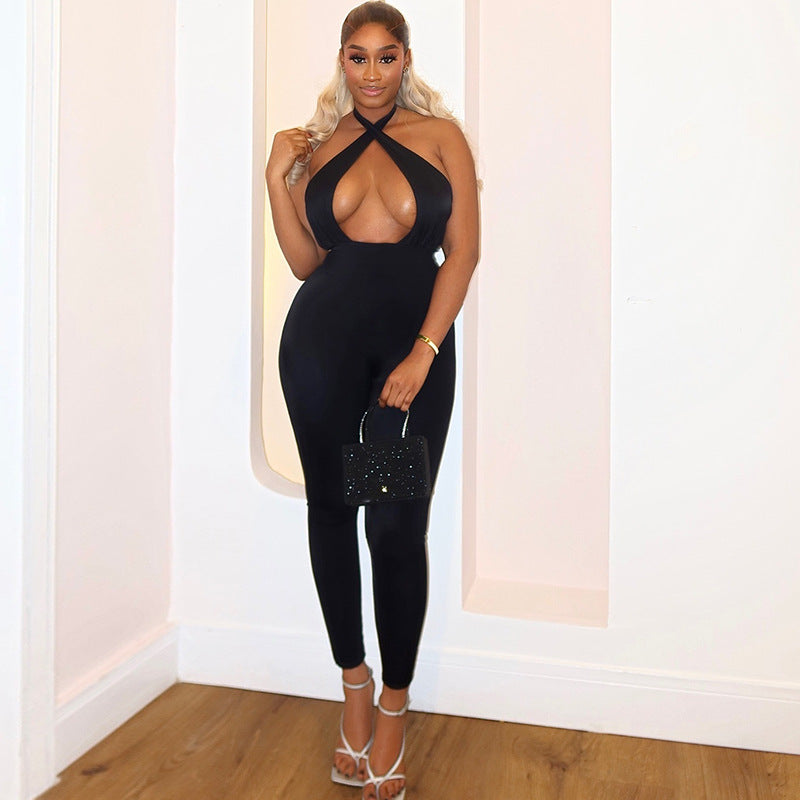 Women Clothing Sexy Micro Elastic Tight Fitting Solid Color Long Conjoined Trousers Sleeveless Halter Backless Bodysuit