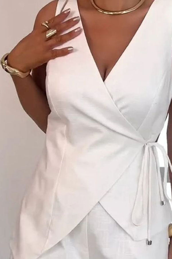 Solid Color Casual Sleeveless V-neck Top and Loose Shorts Set