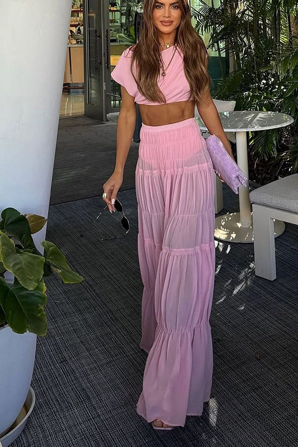 Stunning Chiffon Elastic Waist Layered A-line Maxi Skirt