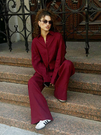 Cotton Shirt Trousers Spring Summer Loose Long Sleeve Shirt Casual Two Piece Sets Women