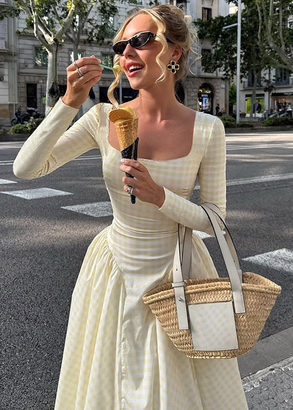 Pink Gingham Long Sleeve Midi Dress – Vintage Square Neck Fit and Flare