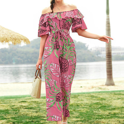Women Clothing Fashion off-Shoulder Floral Jumpsuit Summer Short Sleeve Chiffon Vacation Beach Jumpsuit