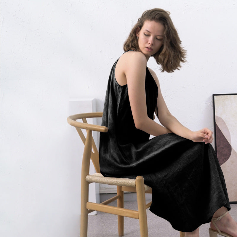 Summer Linen Cami Dress Halter Strap Reverse Cotton Linen Niche Design Maxi Dress Women Clothing