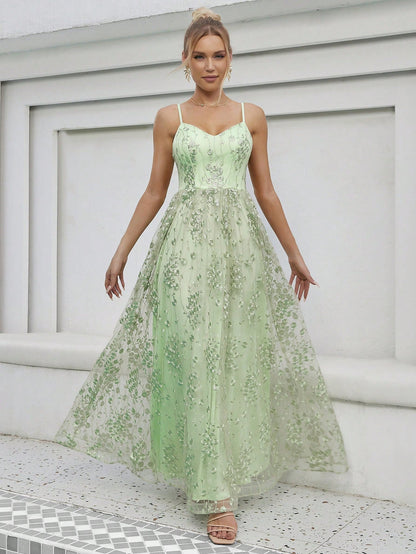 V neck Strap Evening Dress Mesh Embroidered Backless Elegant Evening Dress Dance Dress Party Dress Bridesmaid Dress