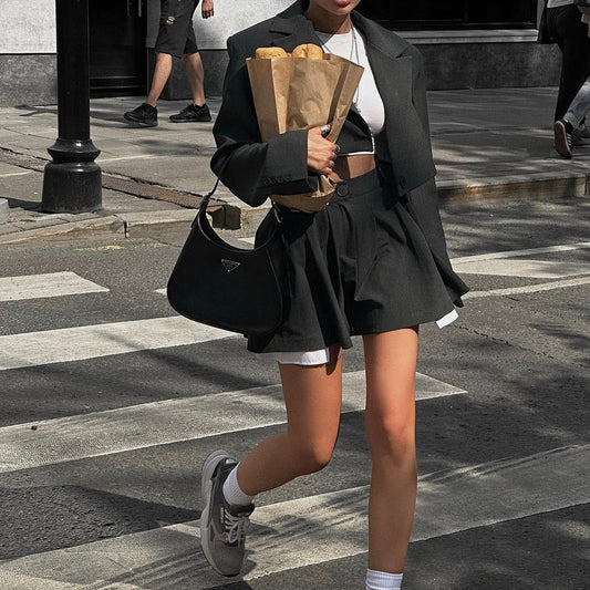 High Waist Short Skirt Long Sleeve Top Two-piece Suit