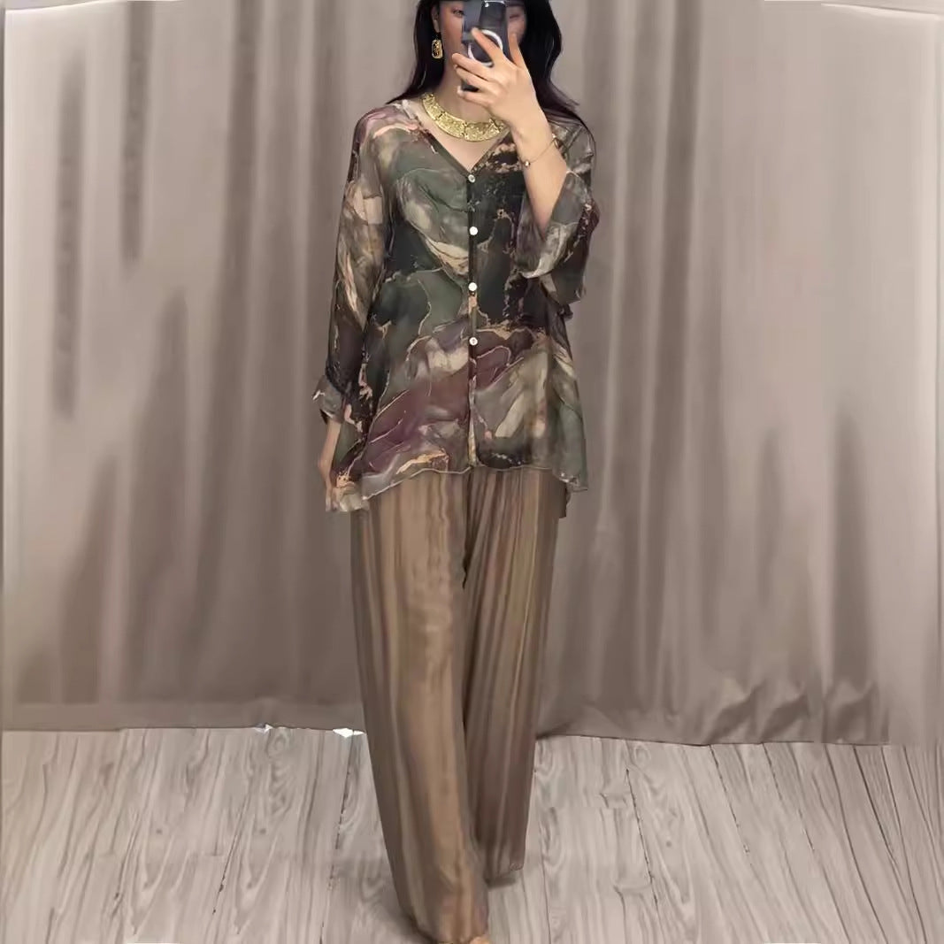 Spring Hand Painted Printed Shirt Top Wide Leg Pants Two Piece Women Clothing