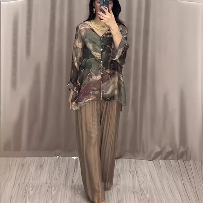 Spring Hand Painted Printed Shirt Top Wide Leg Pants Two Piece Women Clothing