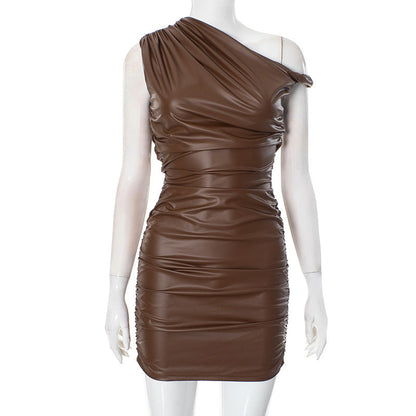 Women Clothing Faux Leather Stitching Diagonal Collar Twisted Pleated Sheath Dress
