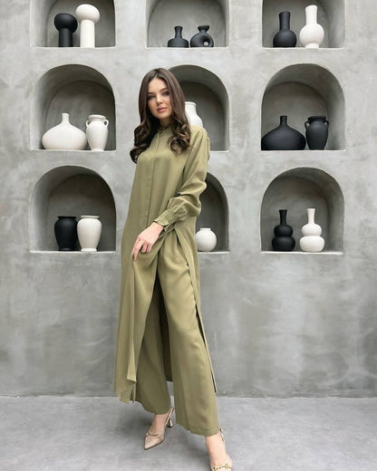 Women Clothing Multi Button Long Sleeve Split Stand Collar Shirt Casual Straight Pants Two Piece Set