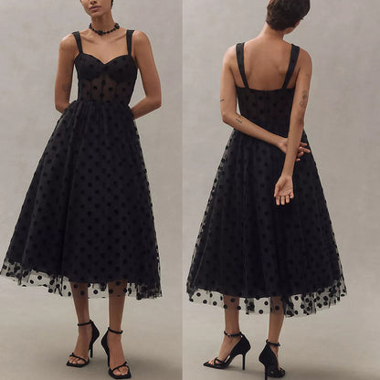 Ladies' new sexy mesh black dot zipper women's dress INS casual loose strapless sexy suspender party dress