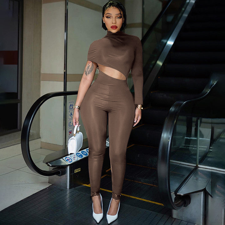 Women Clothing Autumn Winter Street Tight Fitting Solid Color Irregular Asymmetric Cropped Exposed Jumpsuit Trousers