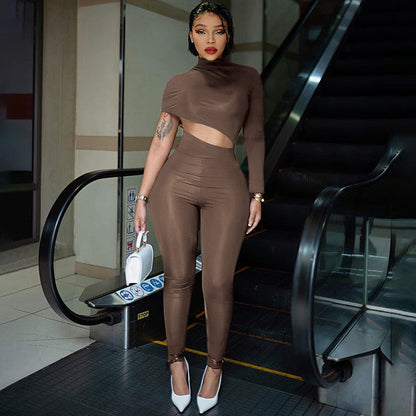 Women Clothing Autumn Winter Street Tight Fitting Solid Color Irregular Asymmetric Cropped Exposed Jumpsuit Trousers