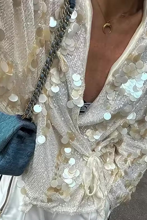 Fashion Sequined Casual Long-sleeved Tie Loose Coat