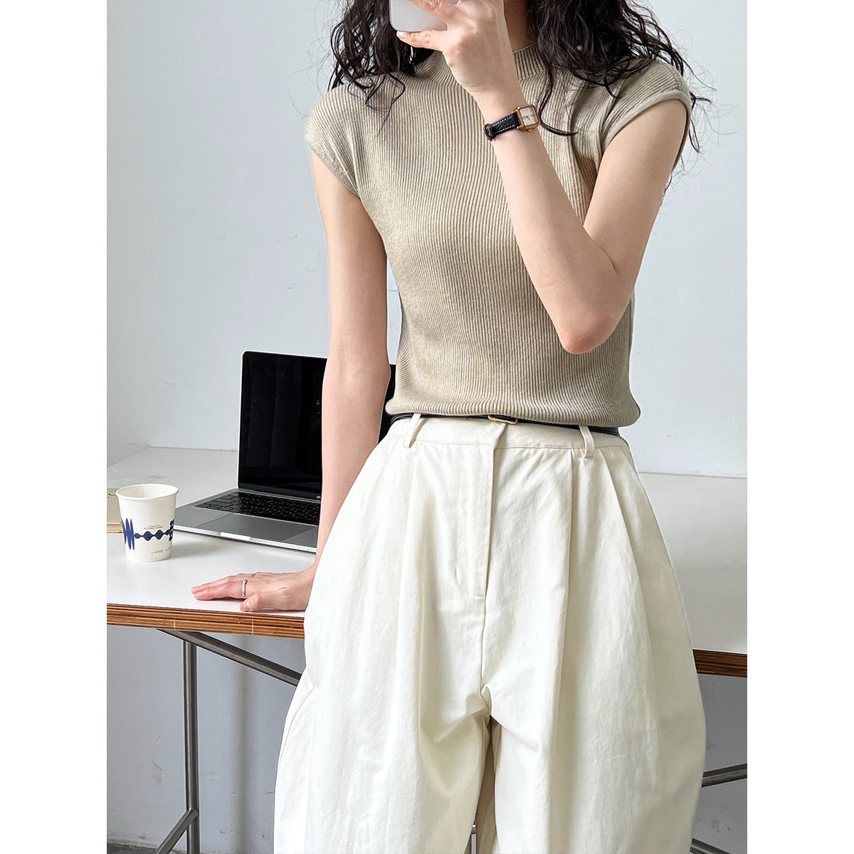 Spring Summer Slim Fit Cashmere Knitwear Top Simple Drop Shoulder Soft Glutinous Short Sleeve Bottoming Shirt Women