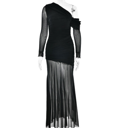 Women Dress Mesh Stitching Pleated Solid Color Long Sleeve Slim Fit Maxi Dress