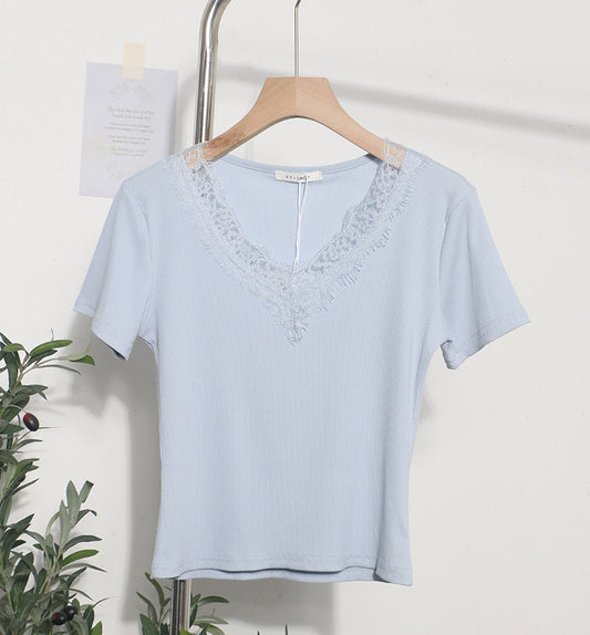 Summer Romantic Lace V neck Sexy T shirt Short Small Slim Short Sleeved Tops