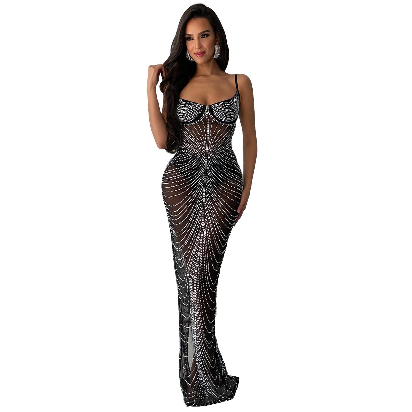 Women Wear Solid Color Mesh Drilling Sling Maxi Dress