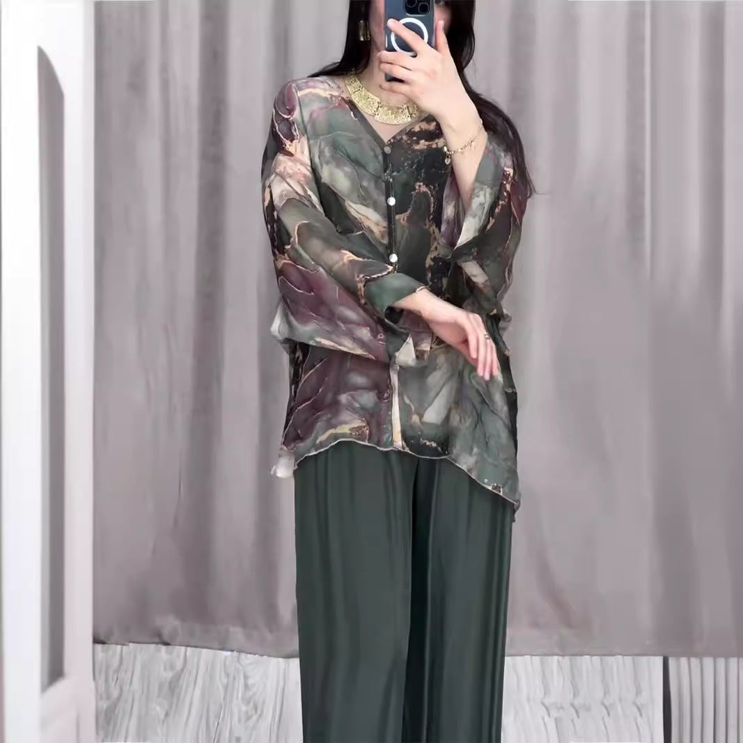 Spring Hand Painted Printed Shirt Top Wide Leg Pants Two Piece Women Clothing