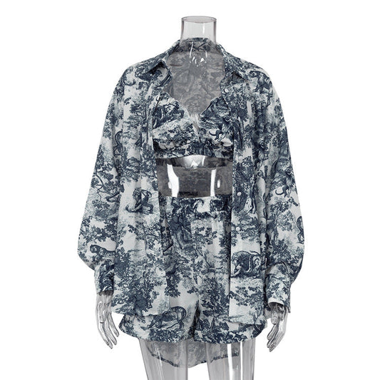 Women Clothing Vintage Shirt Suspender Shorts Suit National Ink Printing Three Piece Set