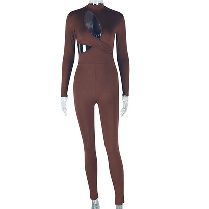 Elegant Women Wear Tight Fitting Solid Color Micro Elastic Jumpsuit Long Sleeved Trousers Hollow Out Cutout Mid Waist Thin Jumpsuit