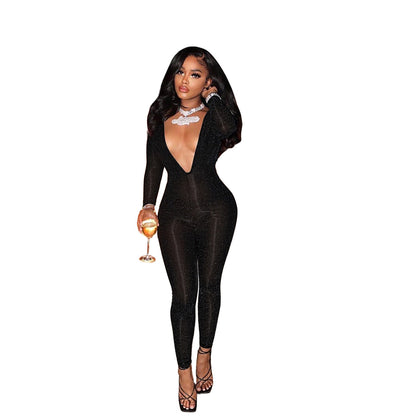 Women Clothing Eaby Deep V Plunge neck Night Club Bright Silk Slim Hollow Out Cutout Sexy Jumpsuit