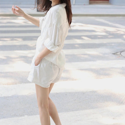 Women Linen Shirt Shorts Casual Set Loose Casual Laid Back Cotton Linen Shirt Two Piece Set