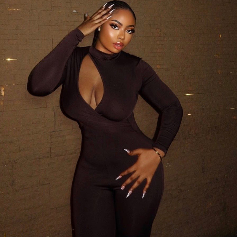 Elegant Women Wear Tight Fitting Solid Color Micro Elastic Jumpsuit Long Sleeved Trousers Hollow Out Cutout Mid Waist Thin Jumpsuit