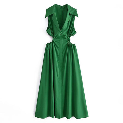 Spring Casual Women Collared Sleeveless Waist Digging Dress