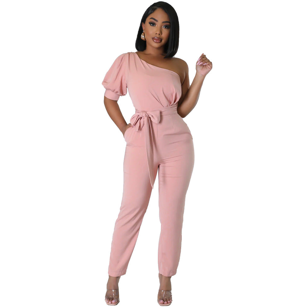 One Shoulder High Waist Backless Slim Tapered Trousers Women Jumpsuit