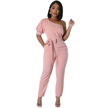 One Shoulder High Waist Backless Slim Tapered Trousers Women Jumpsuit