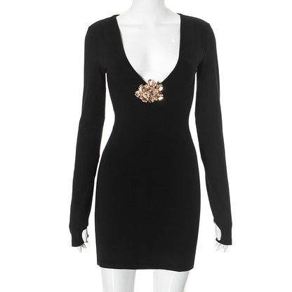 Women Clothing Low Neck Slim Fit Hip Metal Decoration Sexy Dress