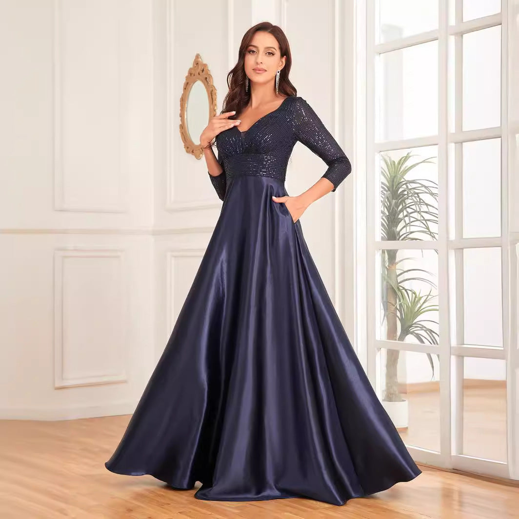 Blue Color Sequin V neck Long Sleeve Dress Satin Dress Slim Fit A line Dress Bridesmaid Cocktail Evening Dress