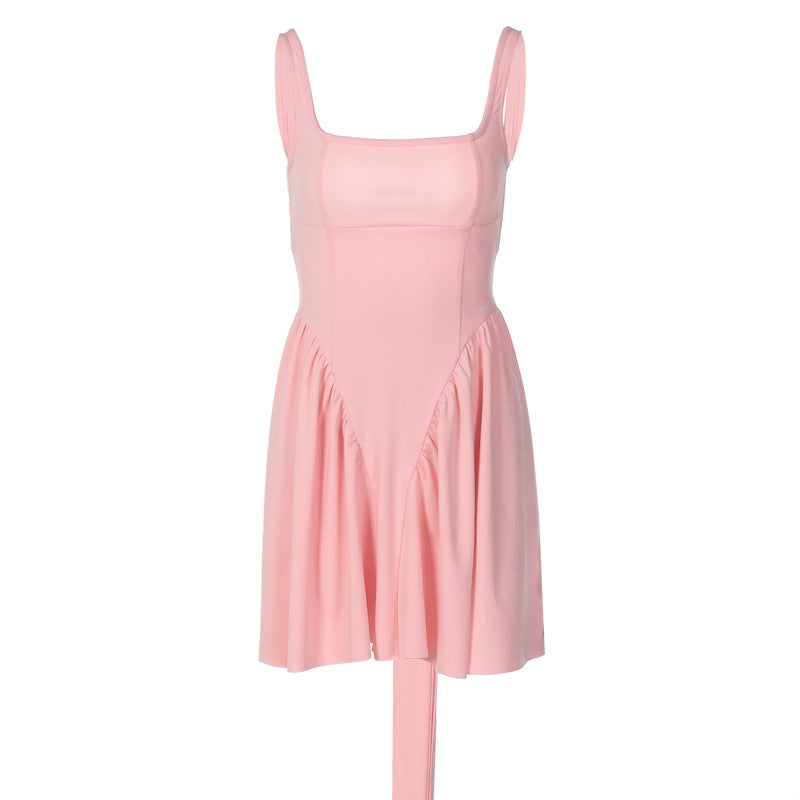 Autumn Solid Color Sexy Backless Stitching Lace up Short Girly Ruffled Dress Women