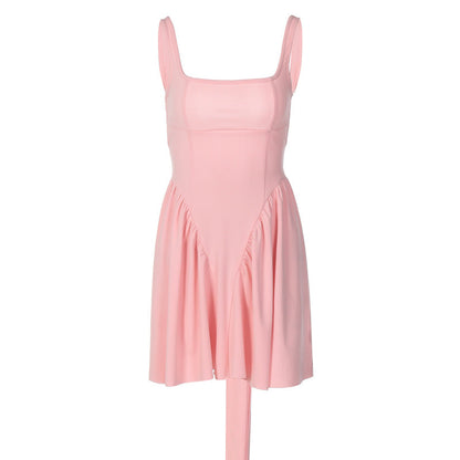 Autumn Solid Color Sexy Backless Stitching Lace up Short Girly Ruffled Dress Women