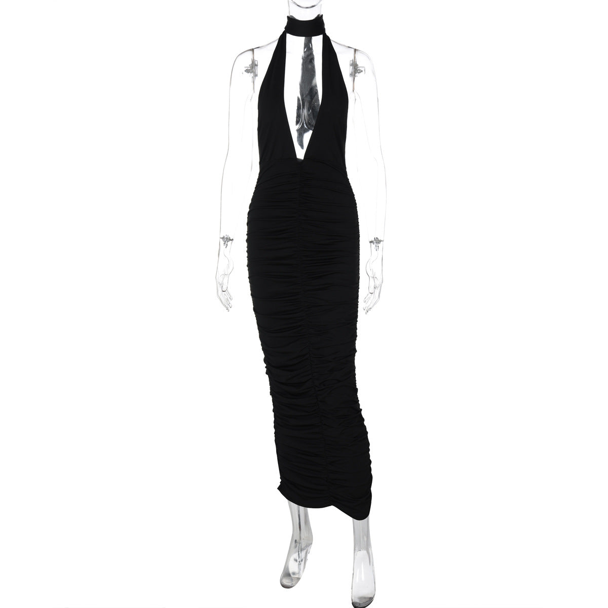 Women Clothing Winter Solid Color Sexy Deep V Plunge neck Halter Backless Slim Fit Dress