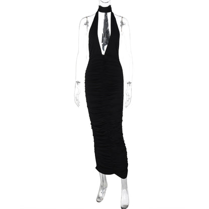 Women Clothing Winter Solid Color Sexy Deep V Plunge neck Halter Backless Slim Fit Dress