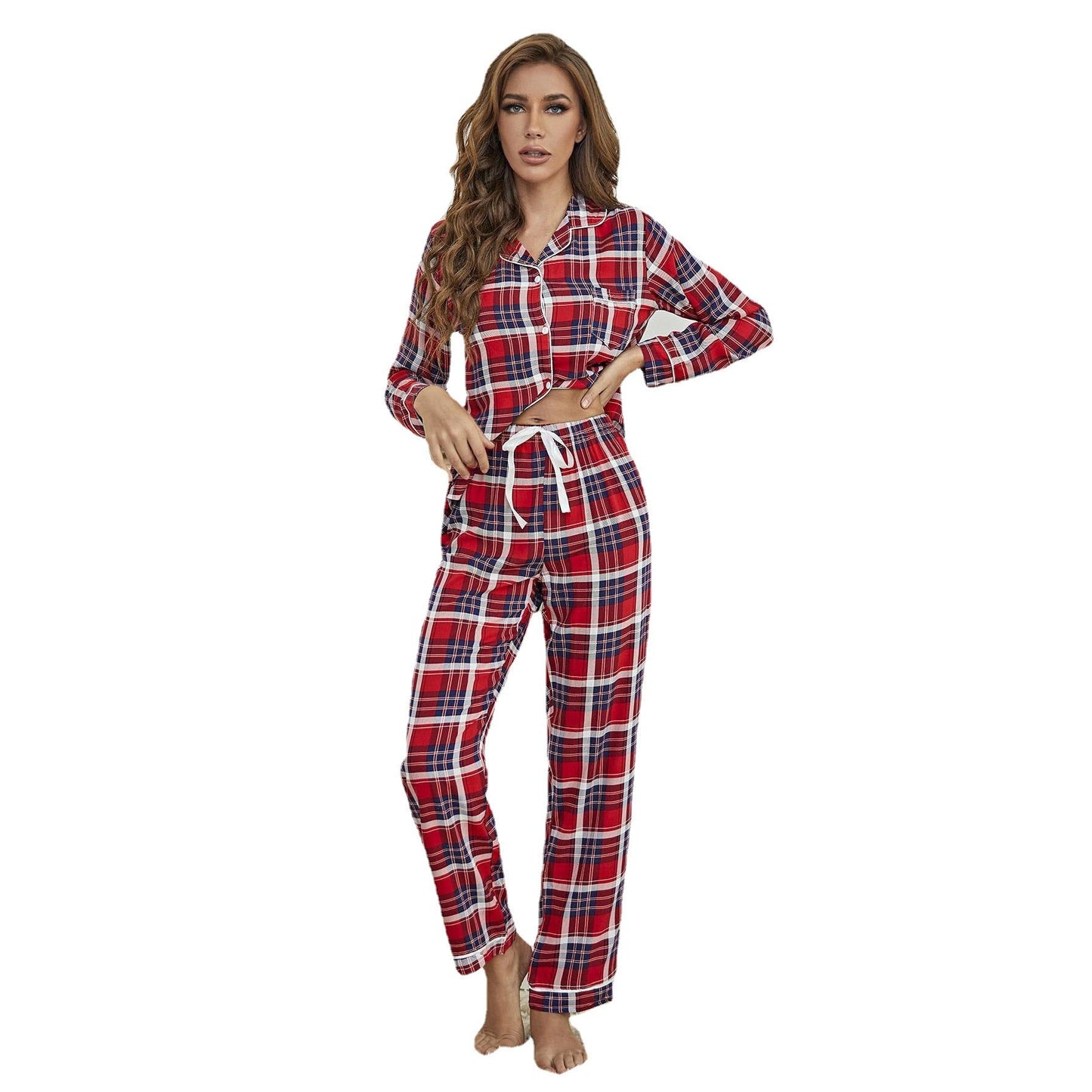 Pajamas Women Autumn Winter Christmas Red Checkered Cardigan Long Sleeve Homewear Set Foreign Trade Independent Site eBay Suit