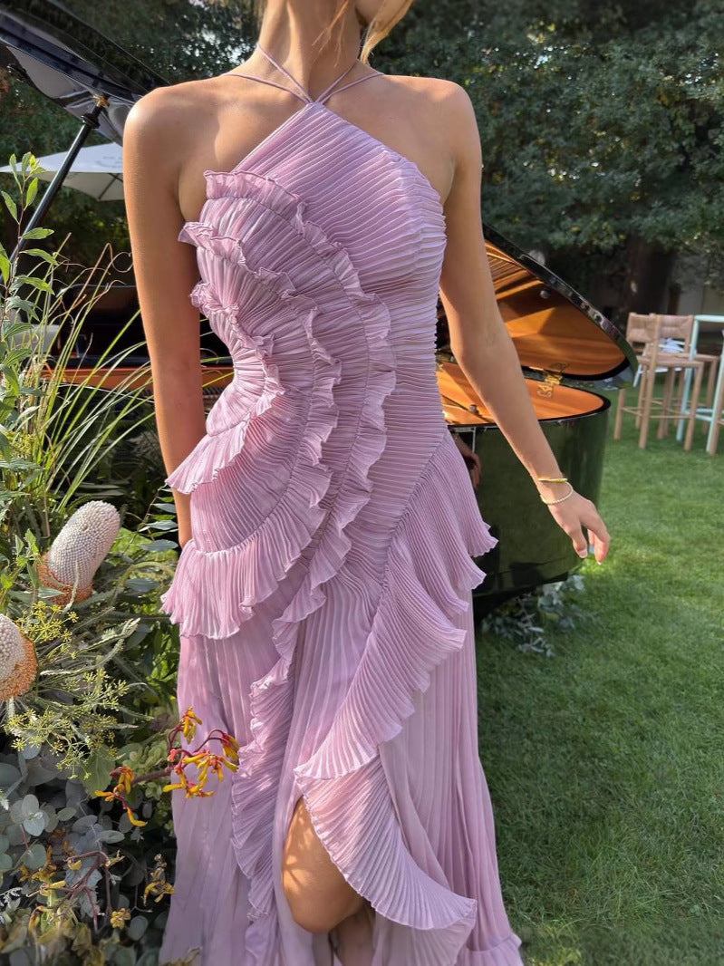 Dream Ode Lily Pad Style Pleats and Ruffles Halter Gown Maxi Dress
