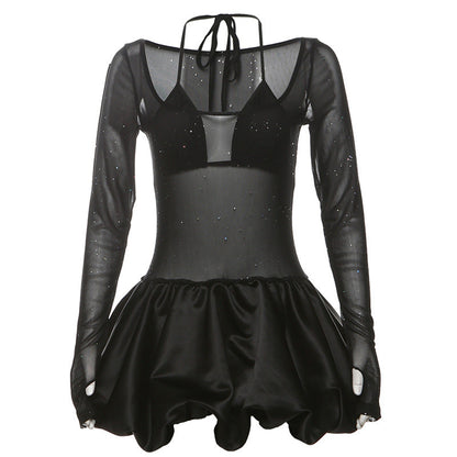 Autumn Winter Women Clothing Sexy Halter Sling Basic Mesh See through Sequ Dress Two Piece Sets Women Puffy dress