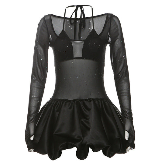 Autumn Winter Women Clothing Sexy Halter Sling Basic Mesh See through Sequ Dress Two Piece Sets Women Puffy dress