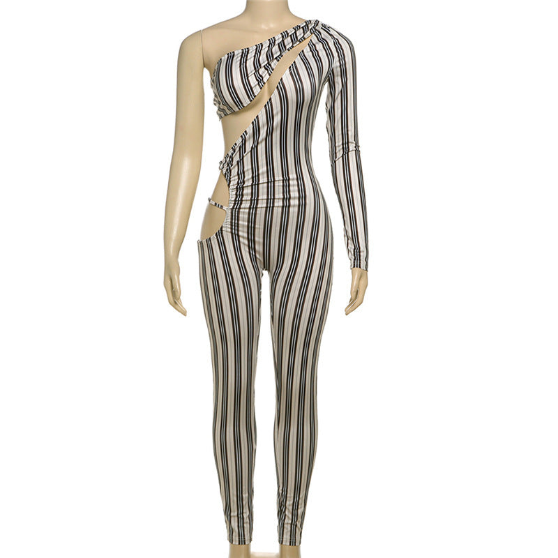Winter Women Clothing Sexy Hollow Out Cutout Sexy Striped Tight One Piece Trousers