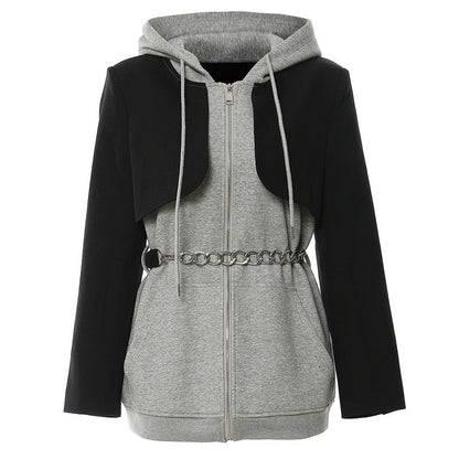 Splicing Contrast Colors False Two Piece Chain Can Be Cinched Hoodie Sweater Dress